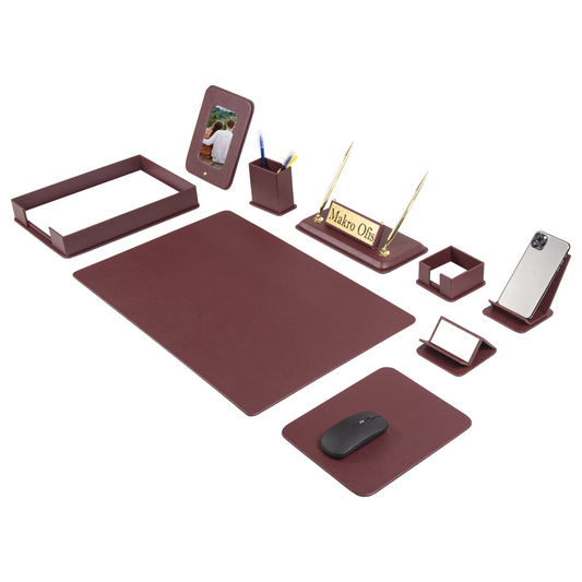 DORA Schreibtischset aus Leder – 11 Accessoires – Burgunderrot