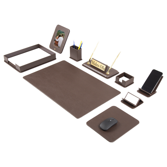 DORA Schreibtischset aus Leder – 11 Accessoires – Braun