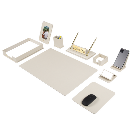 DORA Schreibtischset aus Leder – 11 Accessoires – Creme