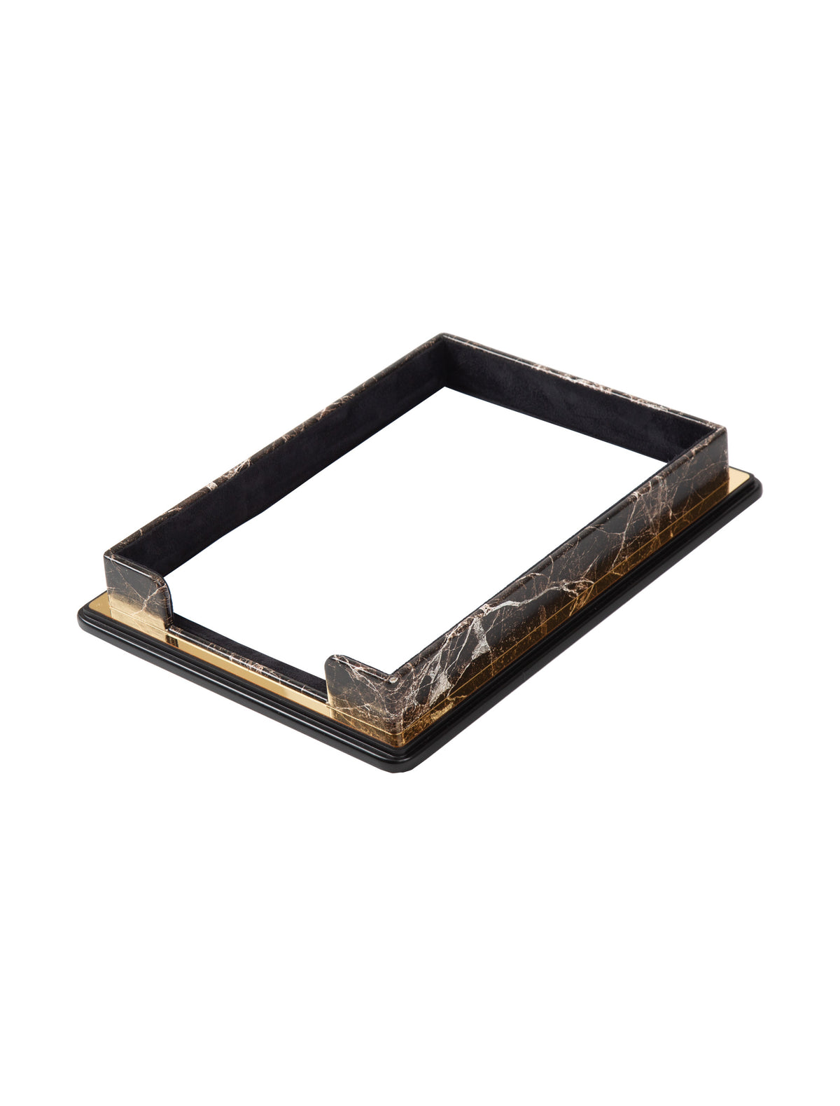 Dark brown marble-pattern document tray with a front opening, gold-colored trim and a black base.