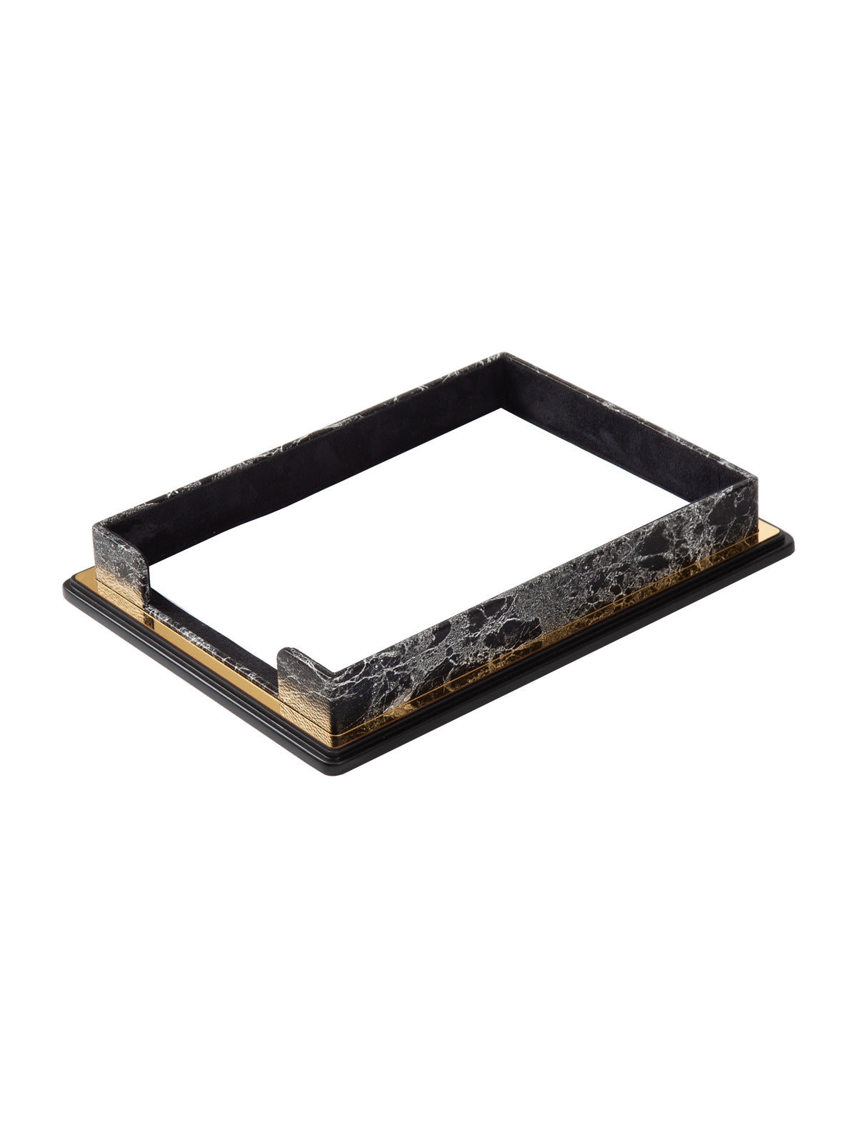Gray marble-pattern document tray with a front opening, gold-colored trim and a black base.