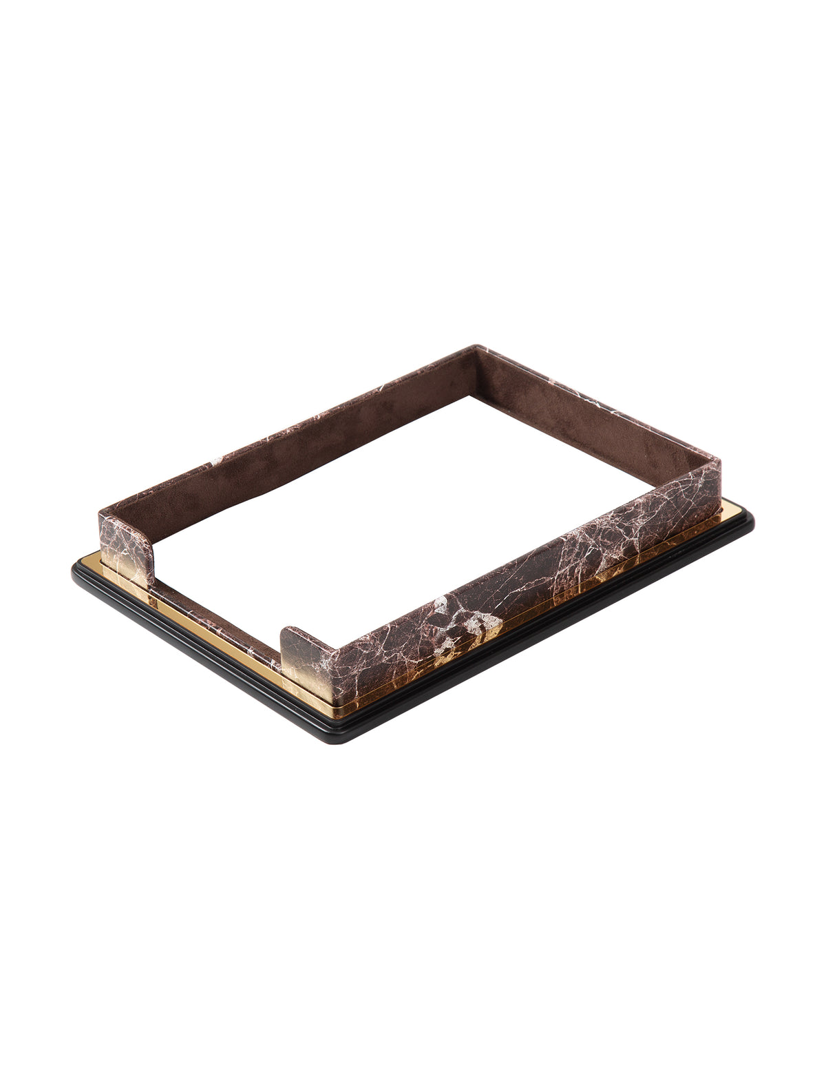 Brown marble-pattern document tray with a front opening, gold-colored trim and a black base.
