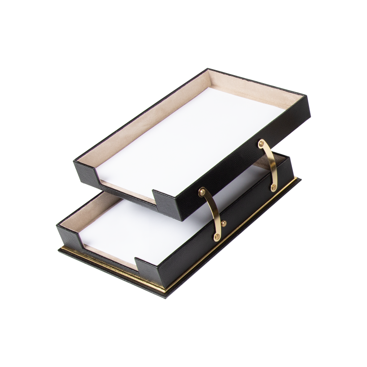 Two-tier black document tray with light interiors and gold-colored supports.