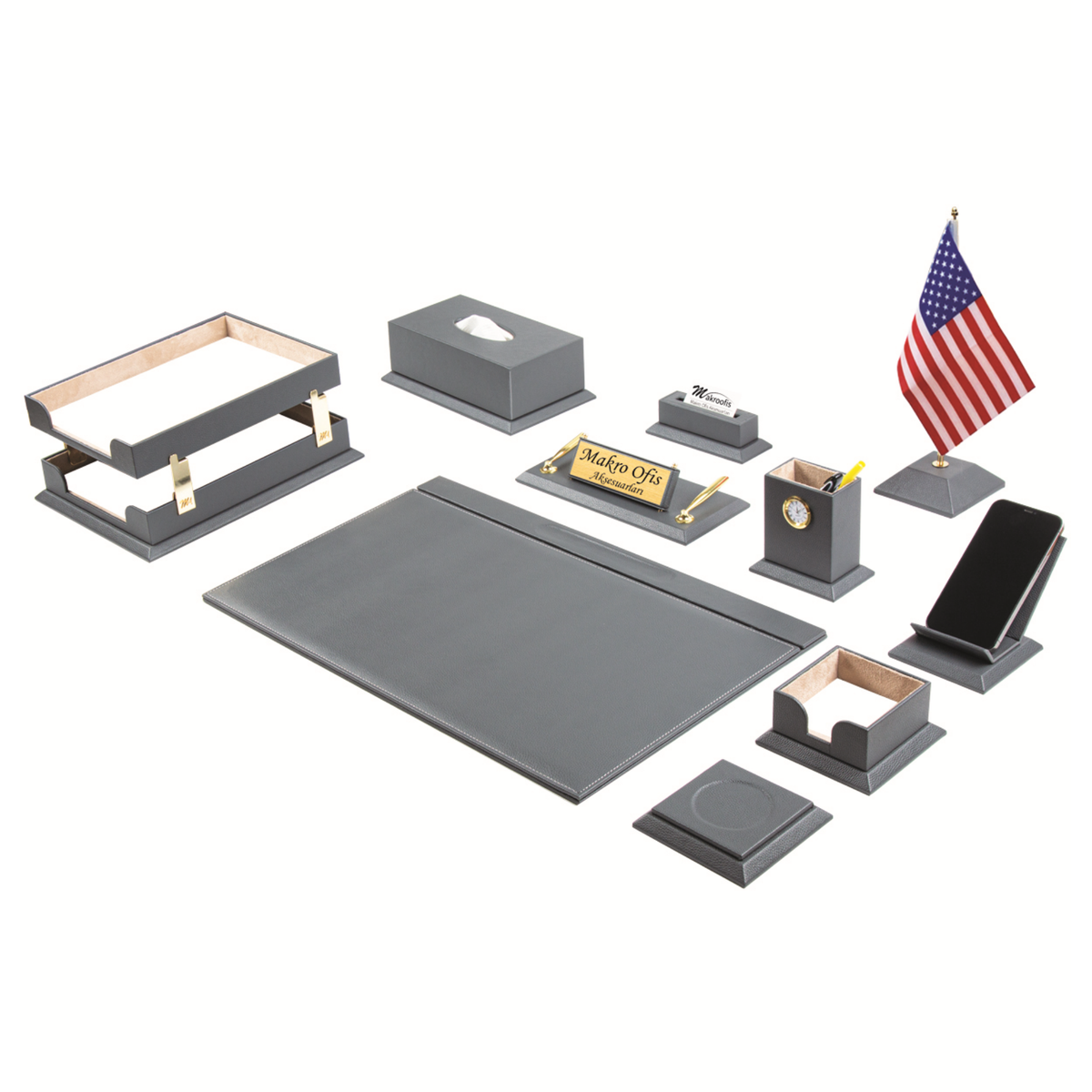 Elegance Gray 12-Piece Faux Leather Desk Organizer Set with Single Desk Flag, Clock Pen Cup and Two-Tier Tray