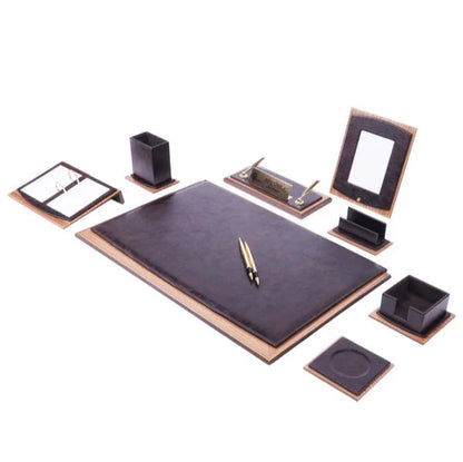 Set da scrivania Star Luxury in pelle marrone da 10 pezzi con targhetta personalizzabile
