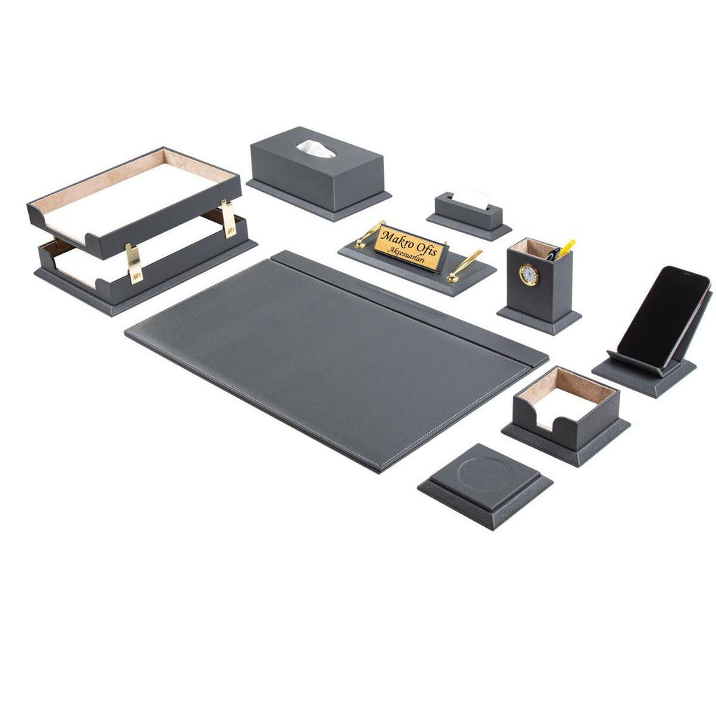 ELEGANCE Premium Luxury Leather Desk Set - 14 Accessories - Green