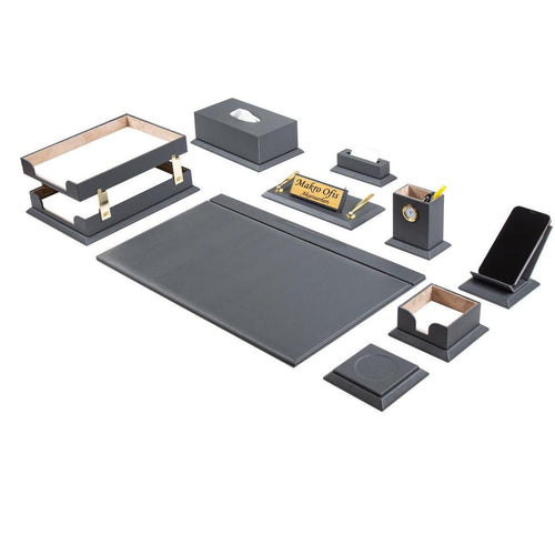 ELEGANCE Premium Luxury Leather Desk Set - 14 Accessories - Black