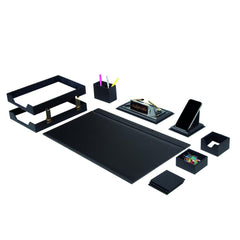 Chester Black 14-Piece Faux Leather Desk Set with Single Desk Flag, Nameplate Clock and Two-Tier Document Tray