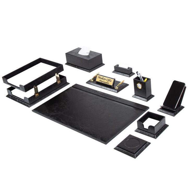Elegance Black 11-Piece Faux Leather Desk Set - Large Writing Pad, Integrated Clock and Double Document Tray