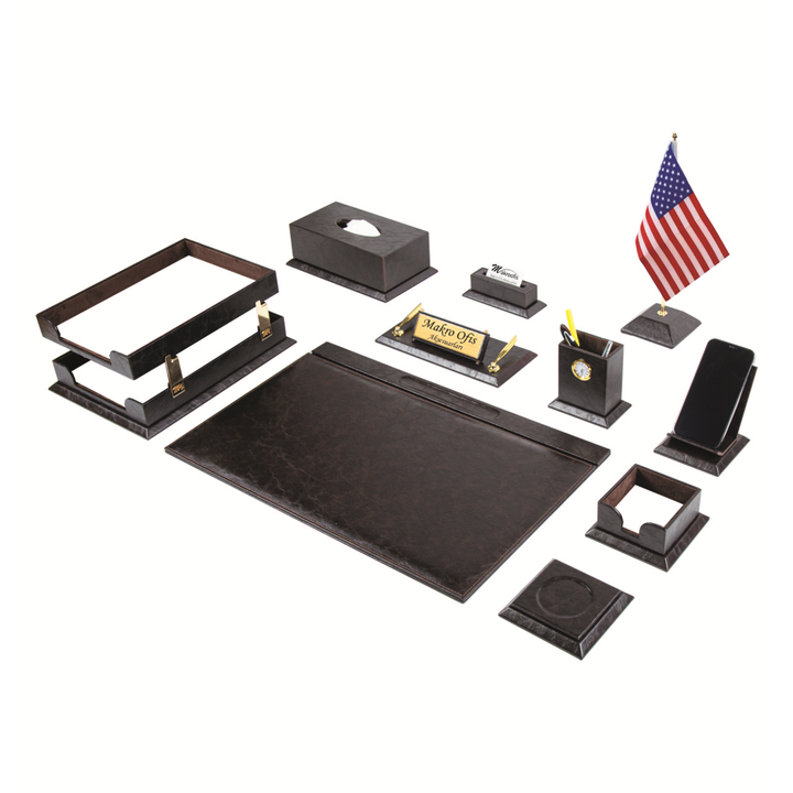 Brown Elegance 12-Piece Faux Leather Office Desk Set with One Desk Flag, Integrated Clock and Personalized Nameplate