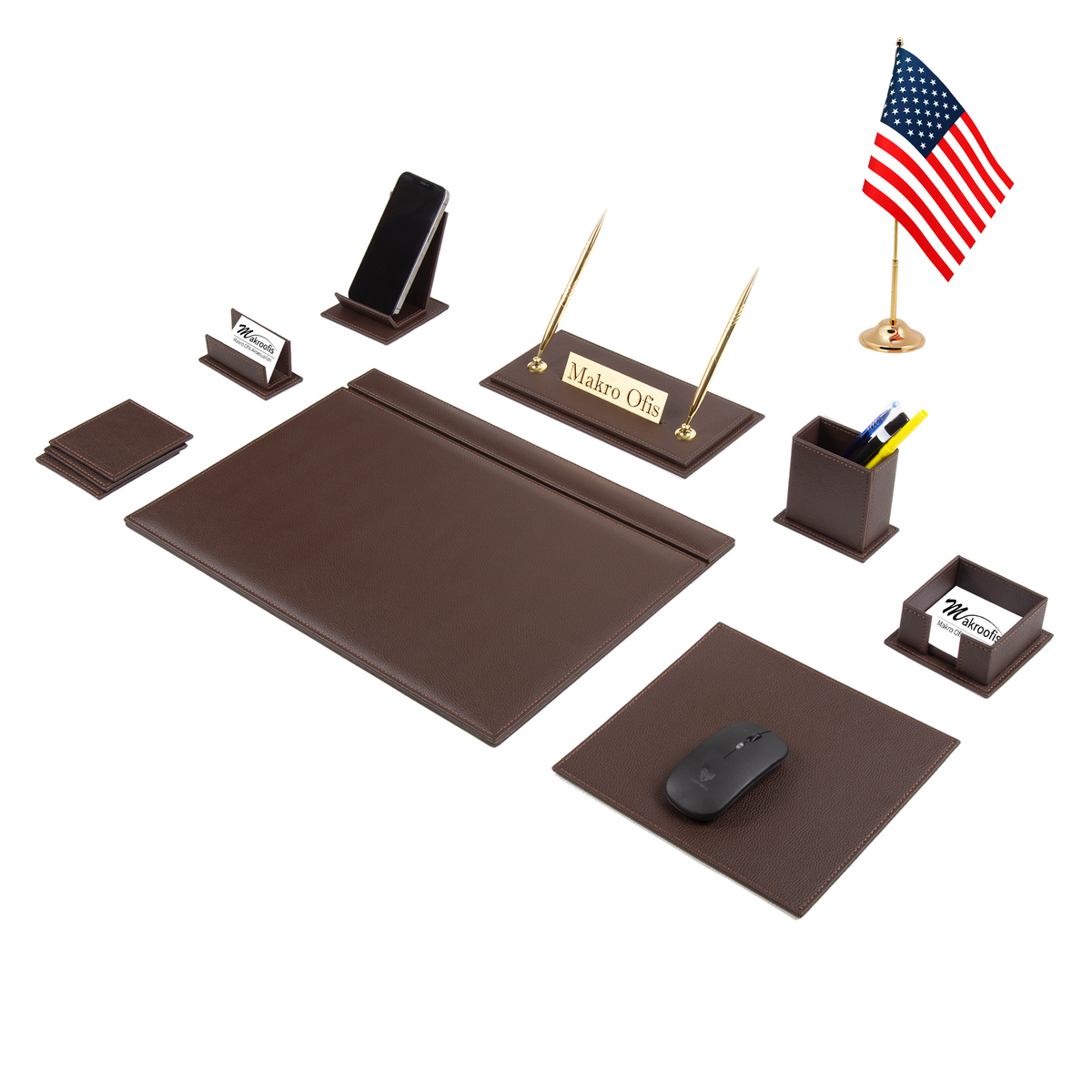 Venus 13-Piece Brown Faux Leather Executive Desk Set with One Flag, Printed Nameplate, Two Pens and Three Coasters