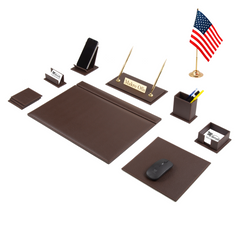 Burgundy Venus 13-Piece Faux Leather Desk Set with One Flag, Free Nameplate Printing and Matching Writing Accessories
