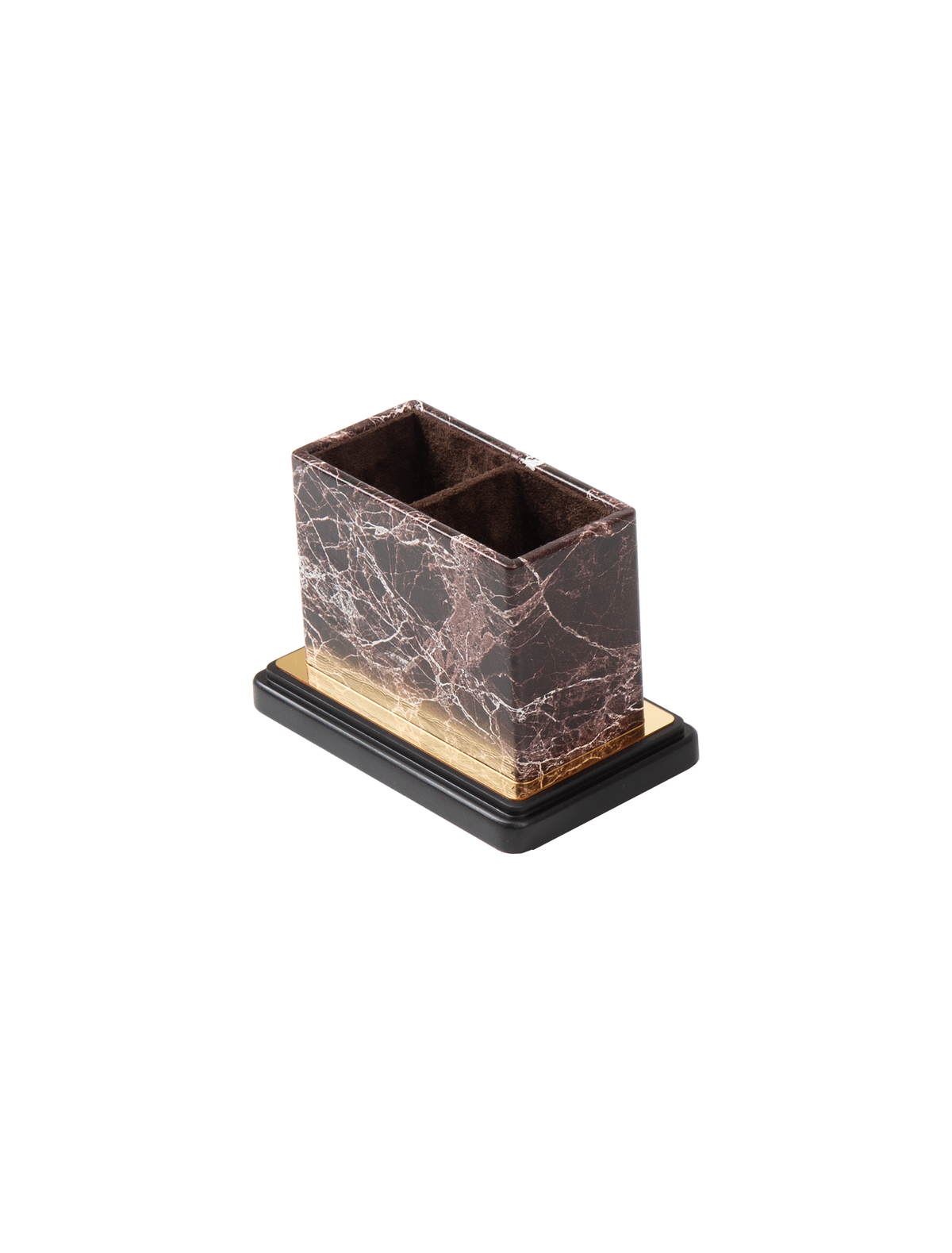 Brown marble-pattern pen holder with two compartments, gold-colored trim and a black base.