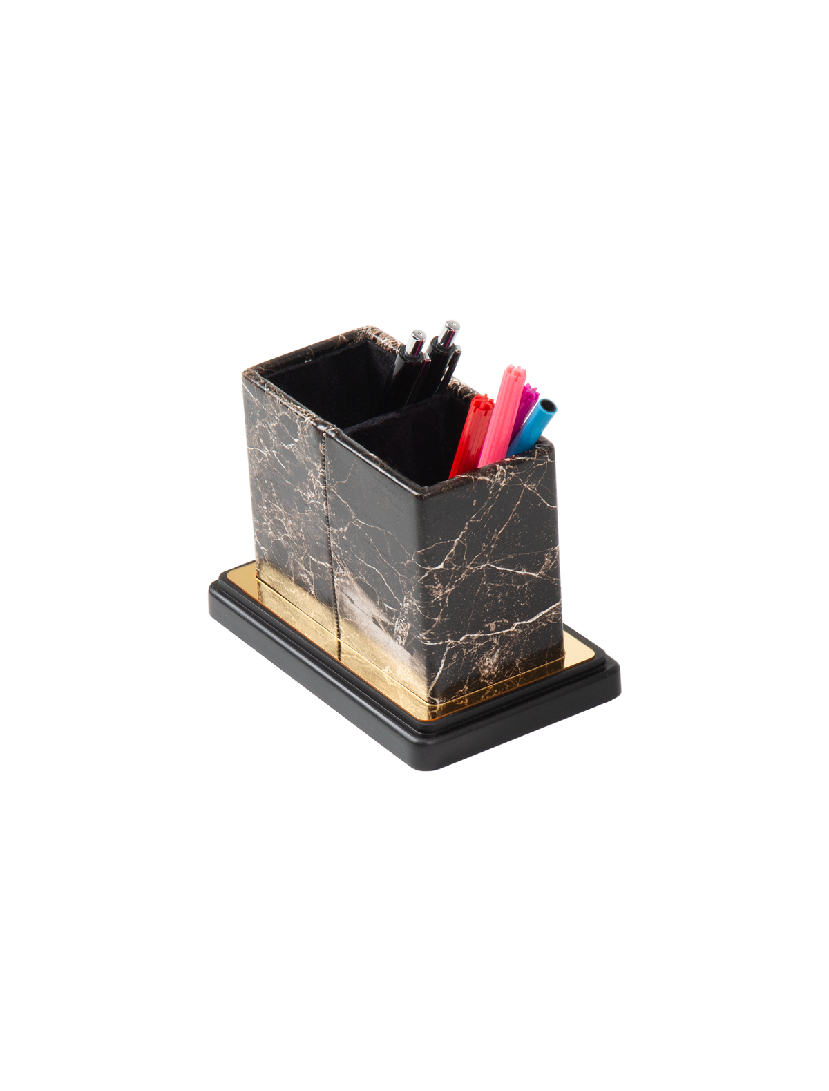 Dark marble-pattern divided pen holder with gold-colored trim, shown holding colorful stationery.