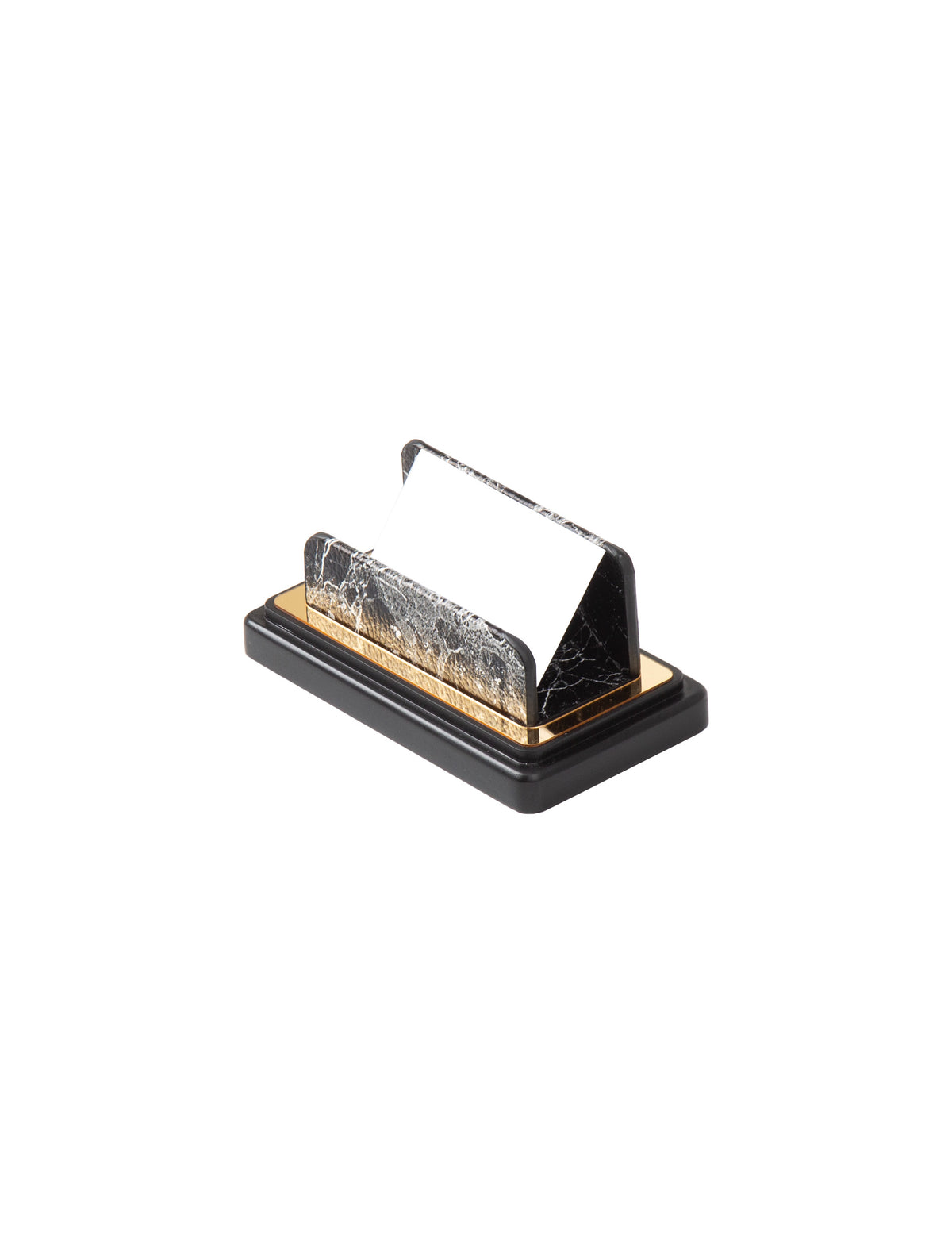 Gray marble-pattern business card holder with an angled back, gold-colored trim and a black base.