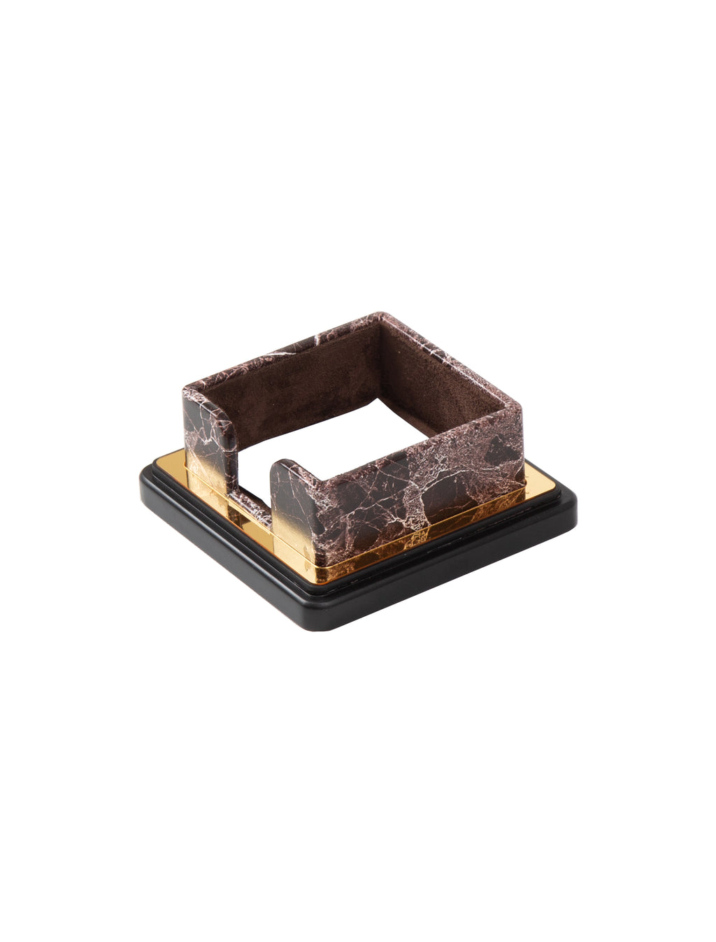 Brown marble-pattern square memo holder with a front opening, gold-colored trim and a black base.