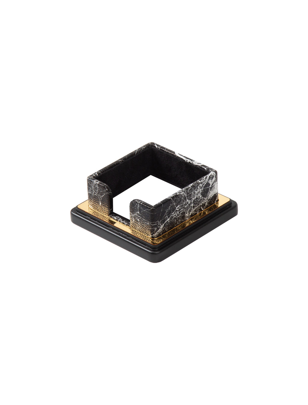 Gray marble-pattern square memo holder with a front opening and gold-colored base trim.