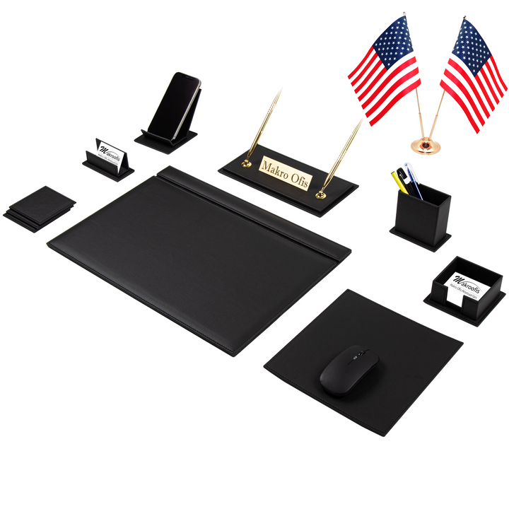 Venus 14-Piece Black Faux Leather Desk Set with Two Desk Flags, Personalized Nameplate, Mouse Pad and Writing Pad