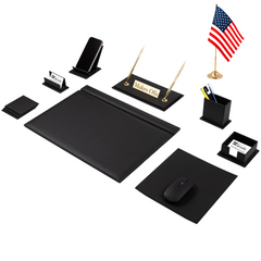 Burgundy Venus 13-Piece Faux Leather Desk Set with One Flag, Free Nameplate Printing and Matching Writing Accessories