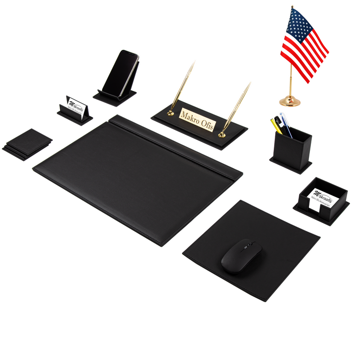 Venus Black 13-Piece Faux Leather Desk Set with Single Desk Flag, Personalized Nameplate, Mouse Pad and Two Pens