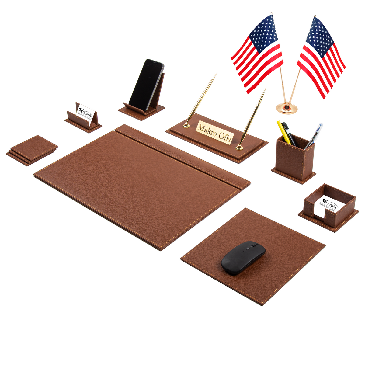 Venus Tan 14-Piece Faux Leather Desk Set - Two Desk Flags, Personalized Nameplate, Matching Mouse Pad and Organizers