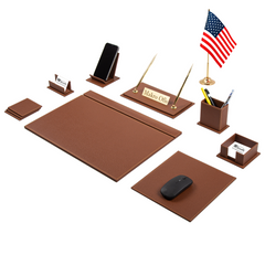 Burgundy Venus 13-Piece Faux Leather Desk Set with One Flag, Free Nameplate Printing and Matching Writing Accessories