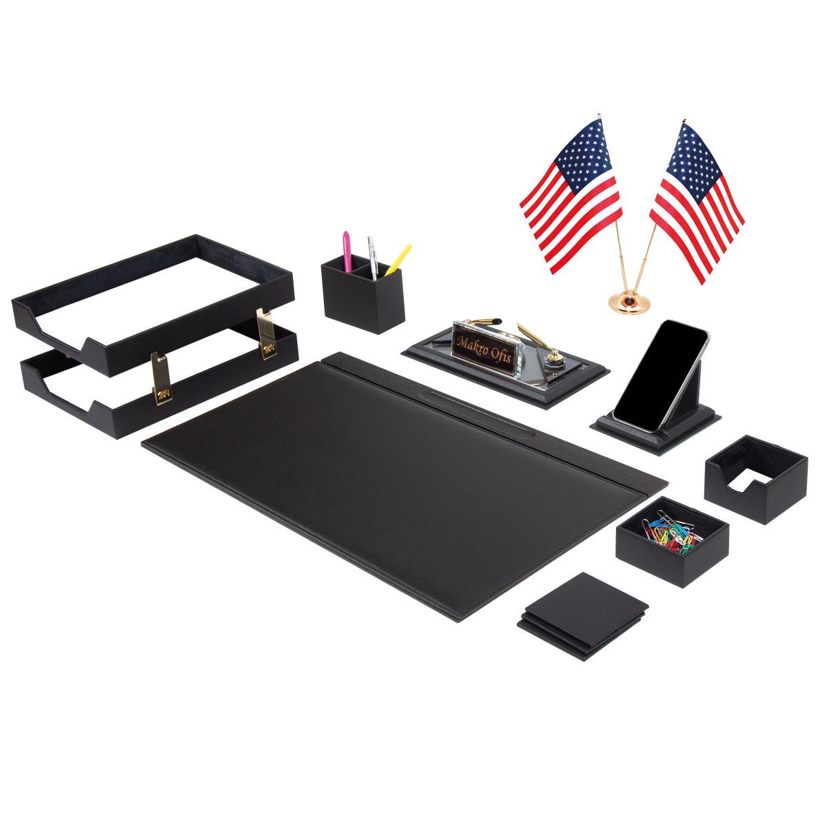 Chester 15-Piece Black Faux Leather Executive Desk Set with Two Desk Flags, Personalized Nameplate and Clock