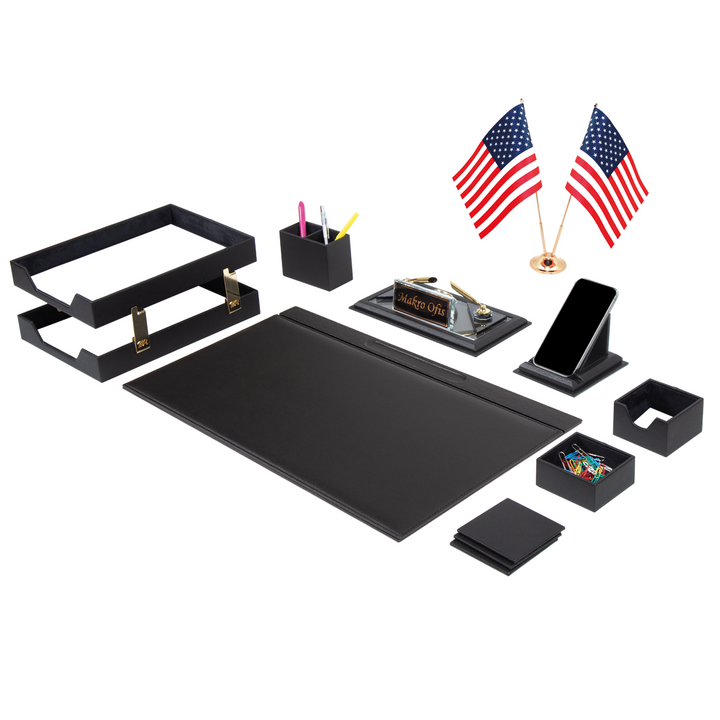 Chester 15-Piece Black Faux Leather Executive Desk Set with Two Desk Flags, Personalized Nameplate and Clock