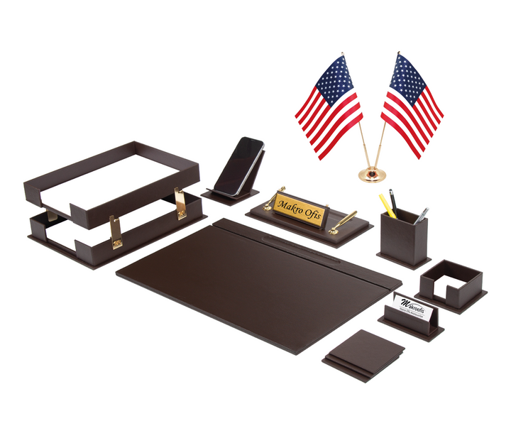 Brown Galaxy 14-Piece Faux Leather Desk Set with Double Desk Flags, Custom Nameplate, Two Pens and Separable Trays
