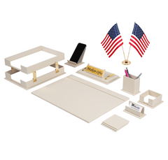 Galaxy Tan 14-Piece Faux Leather Desk Organizer Set with Two Desk Flags, Two-Tier Document Rack and Personalized Nameplate