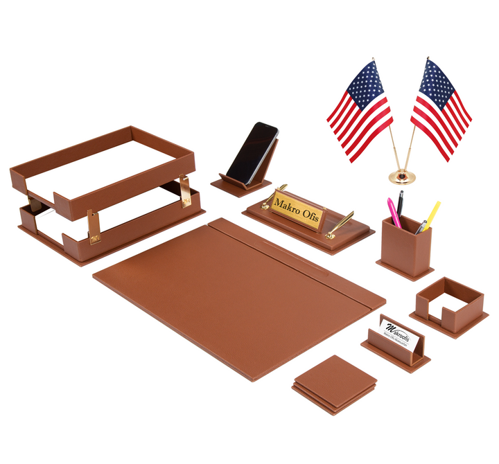 Galaxy Tan 14-Piece Faux Leather Desk Organizer Set with Two Desk Flags, Two-Tier Document Rack and Personalized Nameplate