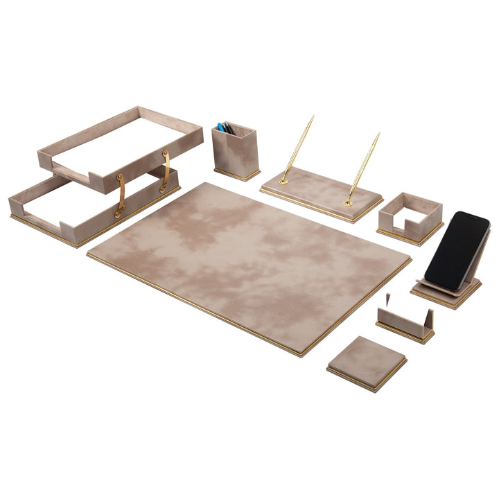 Cloud Beige 10-Piece Faux Leather Desk Set - Nameplate-Free Desk Accessories with Two Pens and a Double Tray