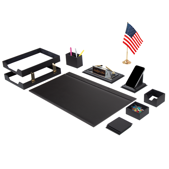 Chester Black 14-Piece Faux Leather Desk Set with Single Desk Flag, Nameplate Clock and Two-Tier Document Tray