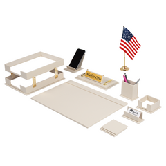 Cream Galaxy 13-Piece Faux Leather Desk Organizer Set with One Desk Flag, Two-Tier Paper Tray and Custom Nameplate