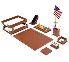 Cream Galaxy 13-Piece Faux Leather Desk Organizer Set with One Desk Flag, Two-Tier Paper Tray and Custom Nameplate