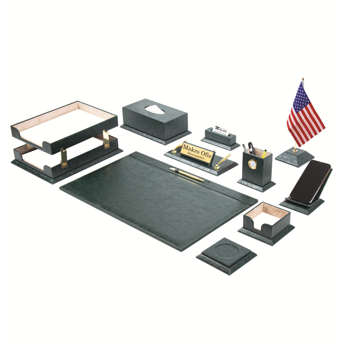 Green Elegance 12-Piece Faux Leather Executive Desk Set with One Flag, Custom Nameplate and Document Organizer
