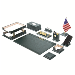 Elegance 12-Piece Black Faux Leather Executive Desk Set with Single Flag, Personalized Nameplate and Double Tray