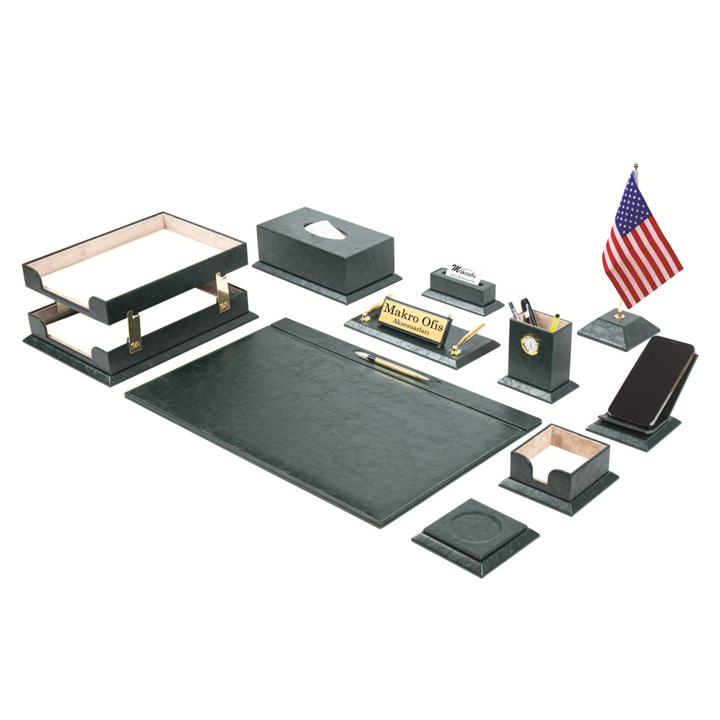 Green Elegance 12-Piece Faux Leather Executive Desk Set with One Flag, Custom Nameplate and Document Organizer