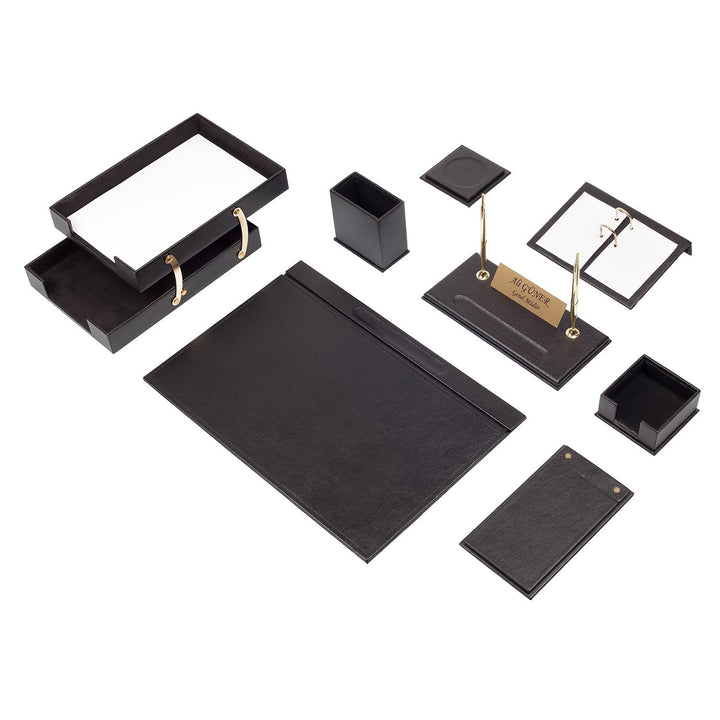 10-Piece Black Faux Leather Office Desk Set - Luna: Custom Nameplate, Phone Stand and Two-Tier Document Tray