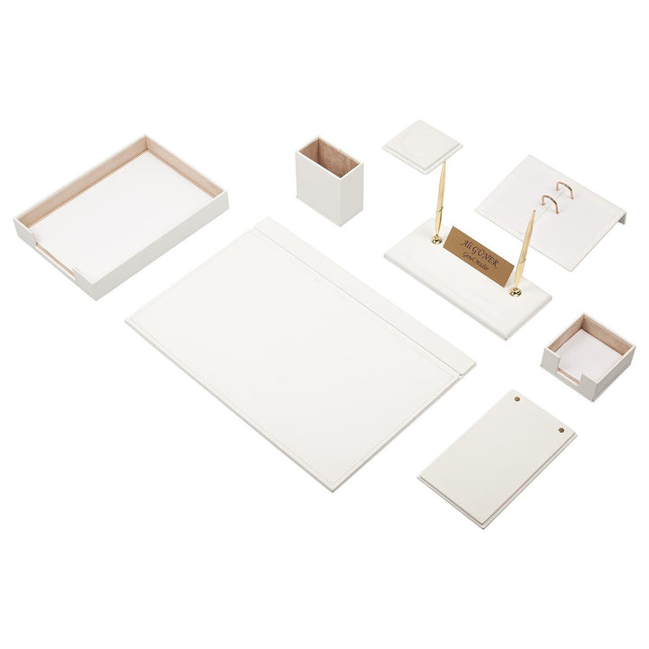 Luna White 10-Piece Faux Leather Office Desk Set - Single Document Tray, Personalized Nameplate and Two Pens