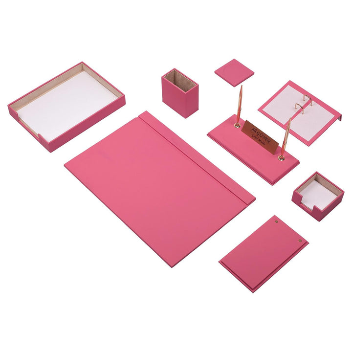 Luna Pink 10-Piece Faux Leather Writing Desk Set - Single Document Tray, Personalized Nameplate and Two Pens