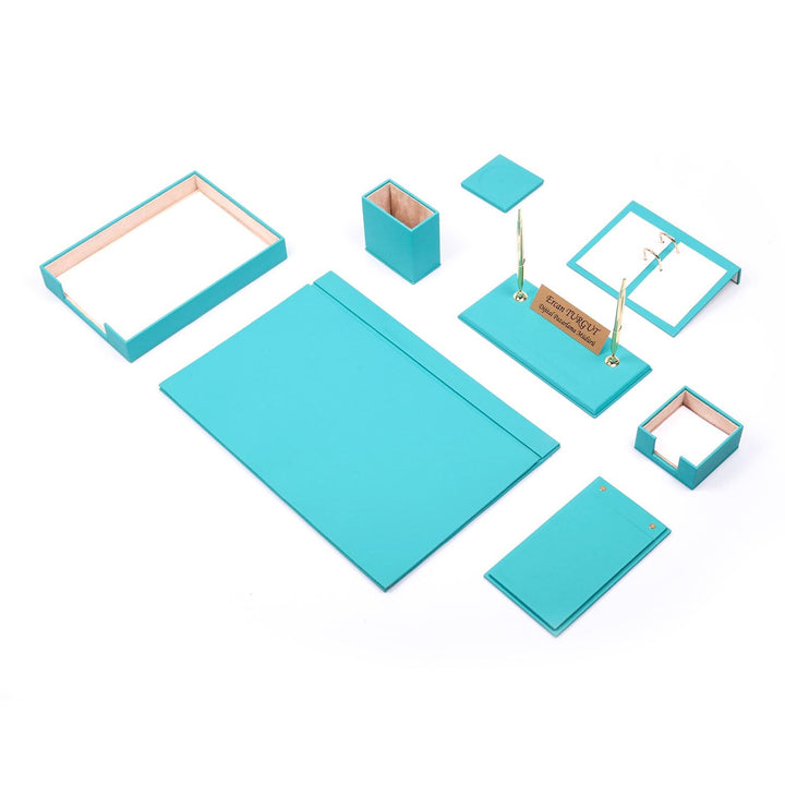 Luna Turquoise 10-Piece Faux Leather Office Desk Set - Custom Nameplate, Phone Stand and Single Document Tray