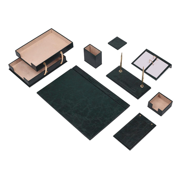 Luna Green 10-Piece Faux Leather Writing Desk Set - Custom Nameplate, Phone Stand and Two-Tier Document Tray