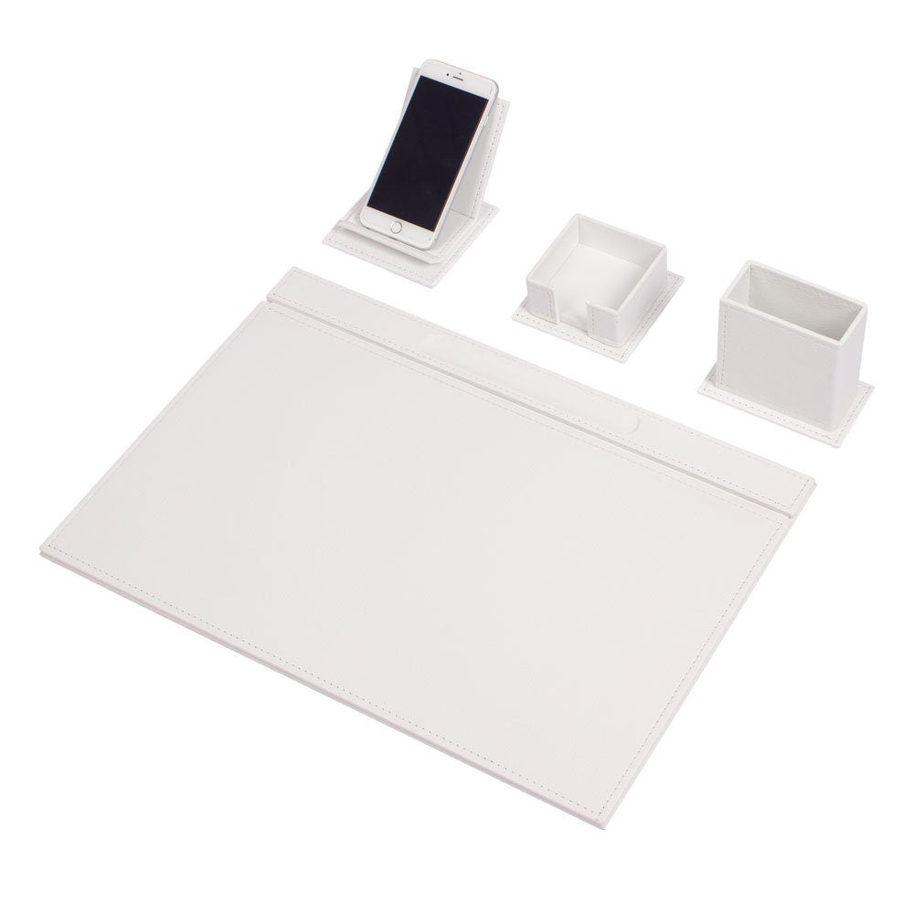 Vega - Set da scrivania bianco in similpelle da 4 pezzi con cuciture bianche – vista del prodotto 1