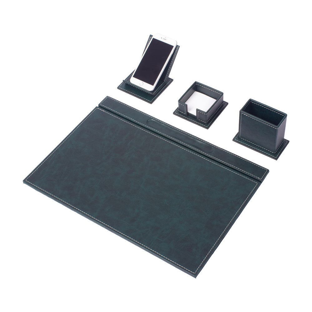 Vega - Set da scrivania verde in similpelle da 4 pezzi con cuciture bianche – vista del prodotto 1