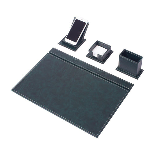 Vega - Set de escritorio verde de 4 piezas en cuero sintético con costuras blancas – vista del producto 1