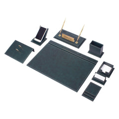 Vega - Set de escritorio verde de 12 piezas en cuero sintético con costuras blancas, placa personalizada – vista del producto 1
