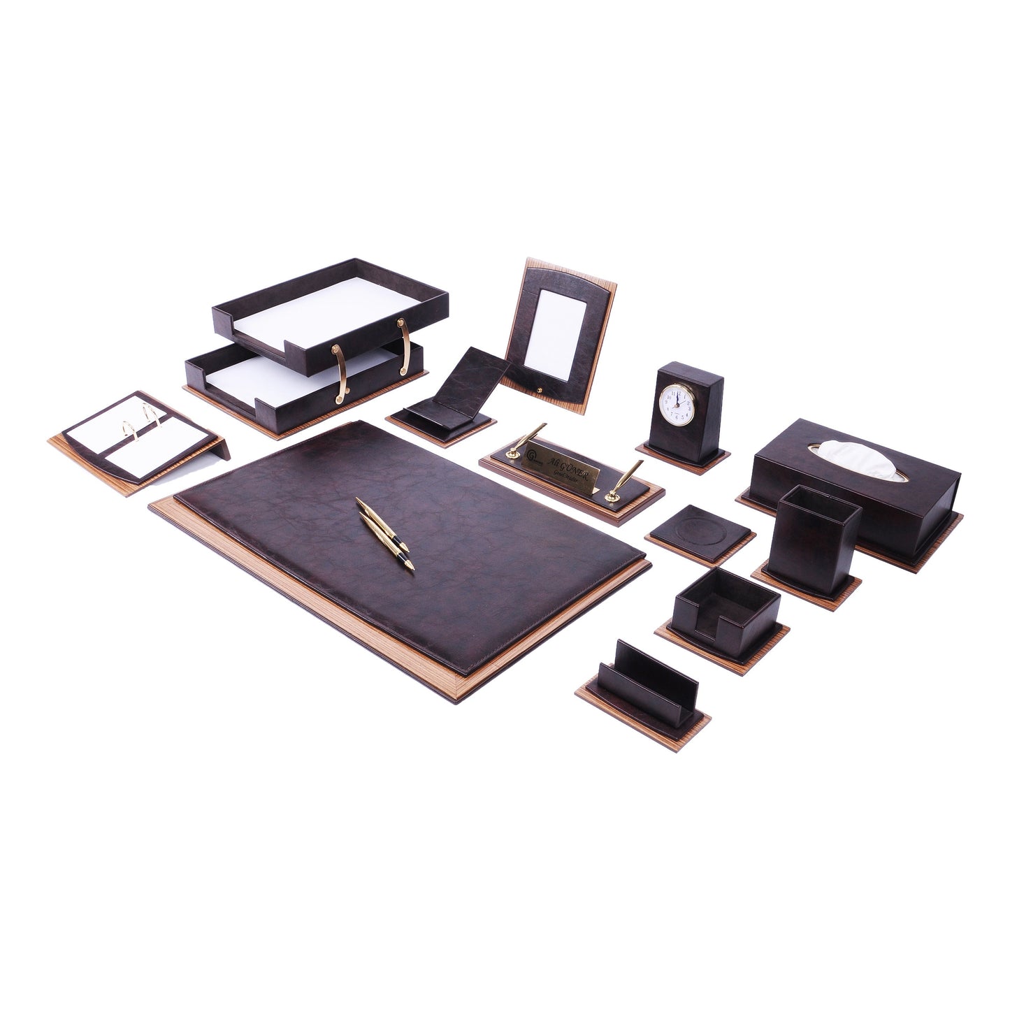 Star Luxury Brown Leather Desk Set 14 Pieces With Double Document Rack