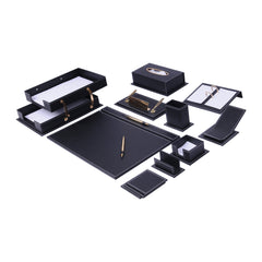 Vega Faux Leather Desk Set in Blue - 14 Pieces with Two-Tier Tray, Tissue Holder and Personalized Nameplate