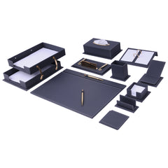 Vega Faux Leather Desk Set in Blue - 14 Pieces with Two-Tier Tray, Tissue Holder and Personalized Nameplate